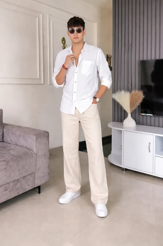 Old Money Classic Combo Shirt and Denim (White & Beige)